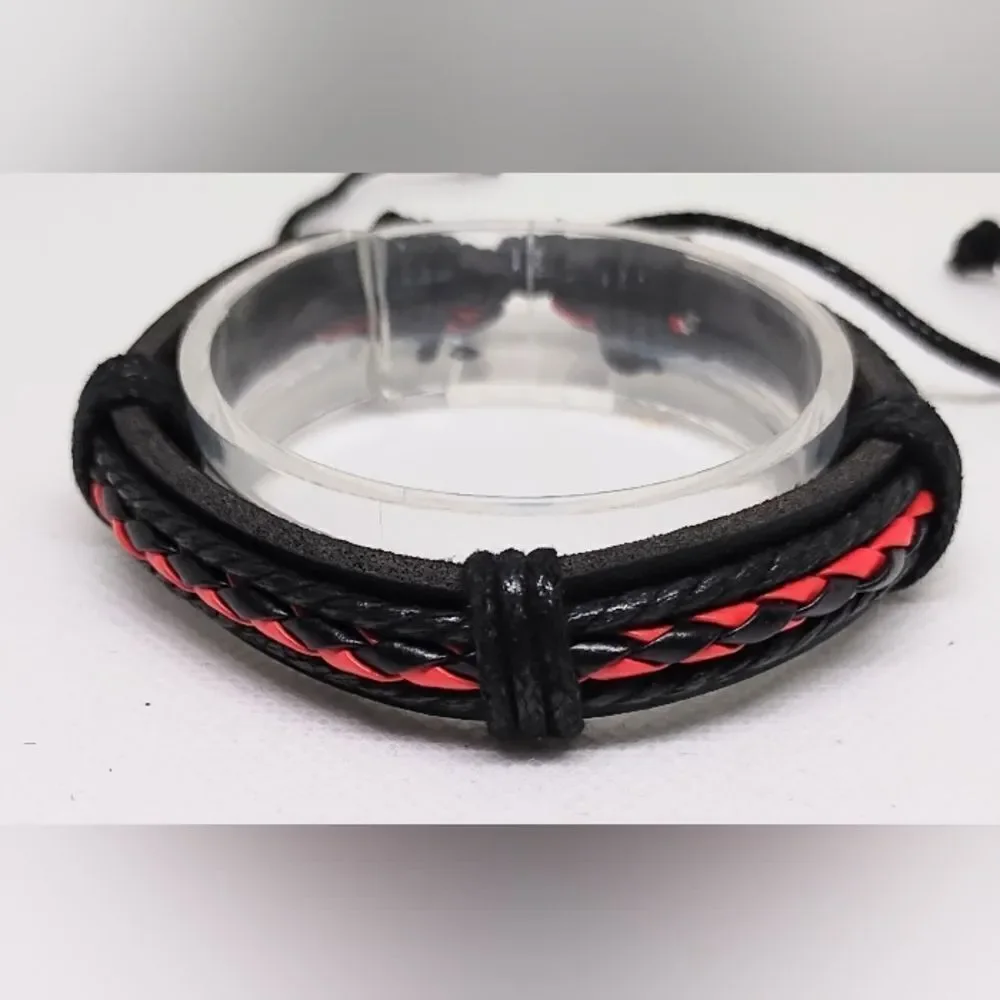 Men's bracelet leather braided layered black Red‎ new e59
